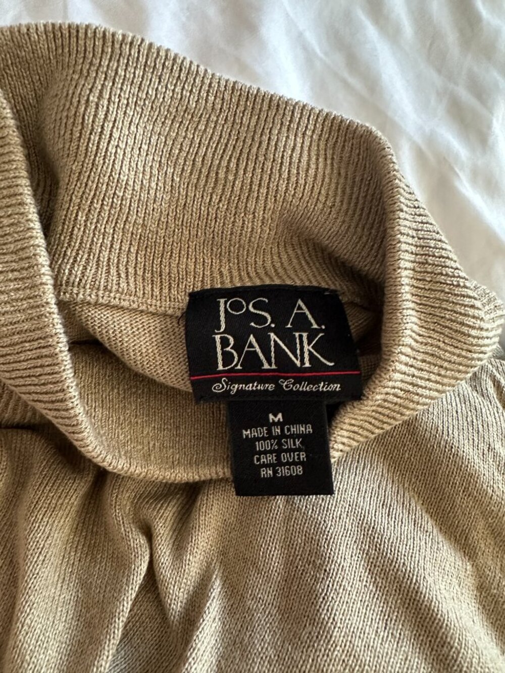 Jos. A. Bank 100% Silk Mock Neck Sweater Mens M Beige Lightweight Luxury Knit - Picture 4 of 6